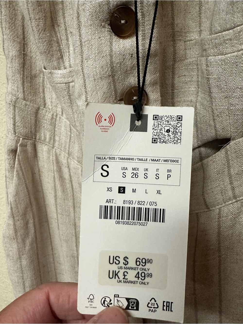 ZARA NWT Sleeveless Cream Pinstripe Jumpsuit size S - Picture 5 of 5
